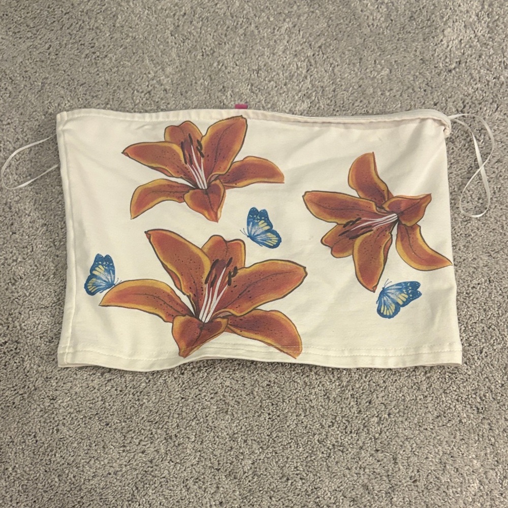 Edikted White Crop Top with Orange Floral and Blue Butterfly Design
